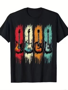 Graphic Guitar Quartet Black Tee with Red, Teal, Orange and Cream Guitar Art